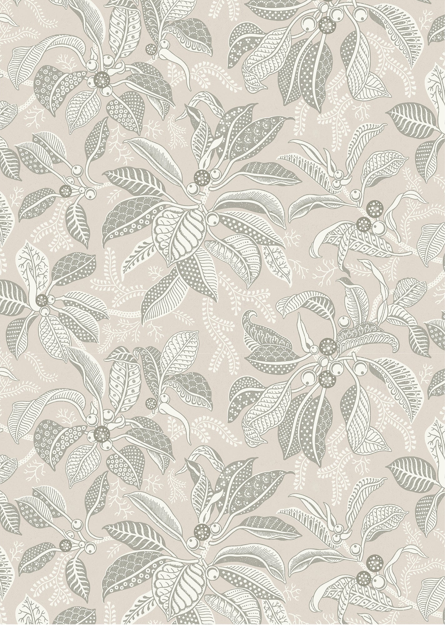 Wallpaper pattern with a detailed floral pattern in taupe and cream on an ecru field.