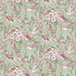 Wallpaper in a dense pattern of song birds in shades of pink and red against leaves in greens. 