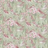 Wallpaper in a dense pattern of song birds in shades of pink and red against leaves in greens. 