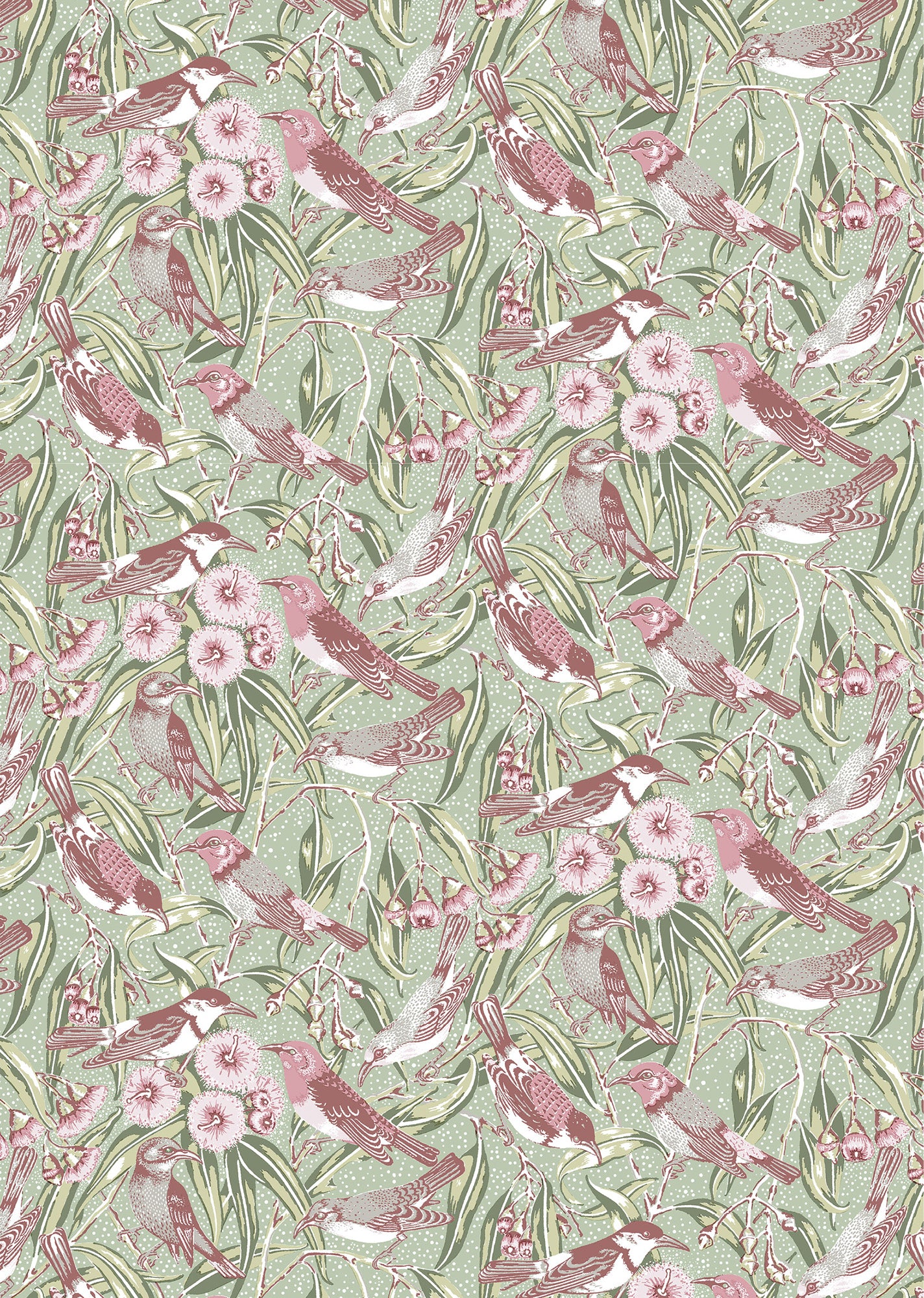 Wallpaper in a dense pattern of song birds in shades of pink and red against leaves in greens. 