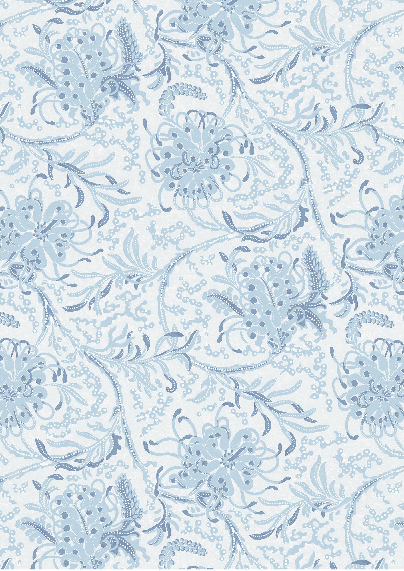Wallpaper in a complex botanical floral design in tonal shades of pale blue. 