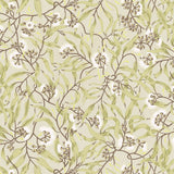Wallpaper in a climbing vine floral design in tonal shades of pastel green and yellow and white. 