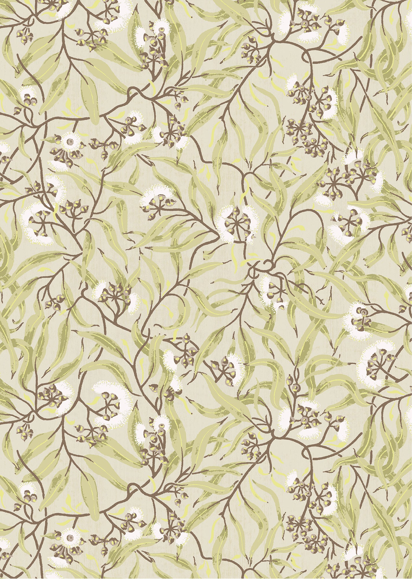 Wallpaper in a climbing vine floral design in tonal shades of pastel green and yellow and white. 