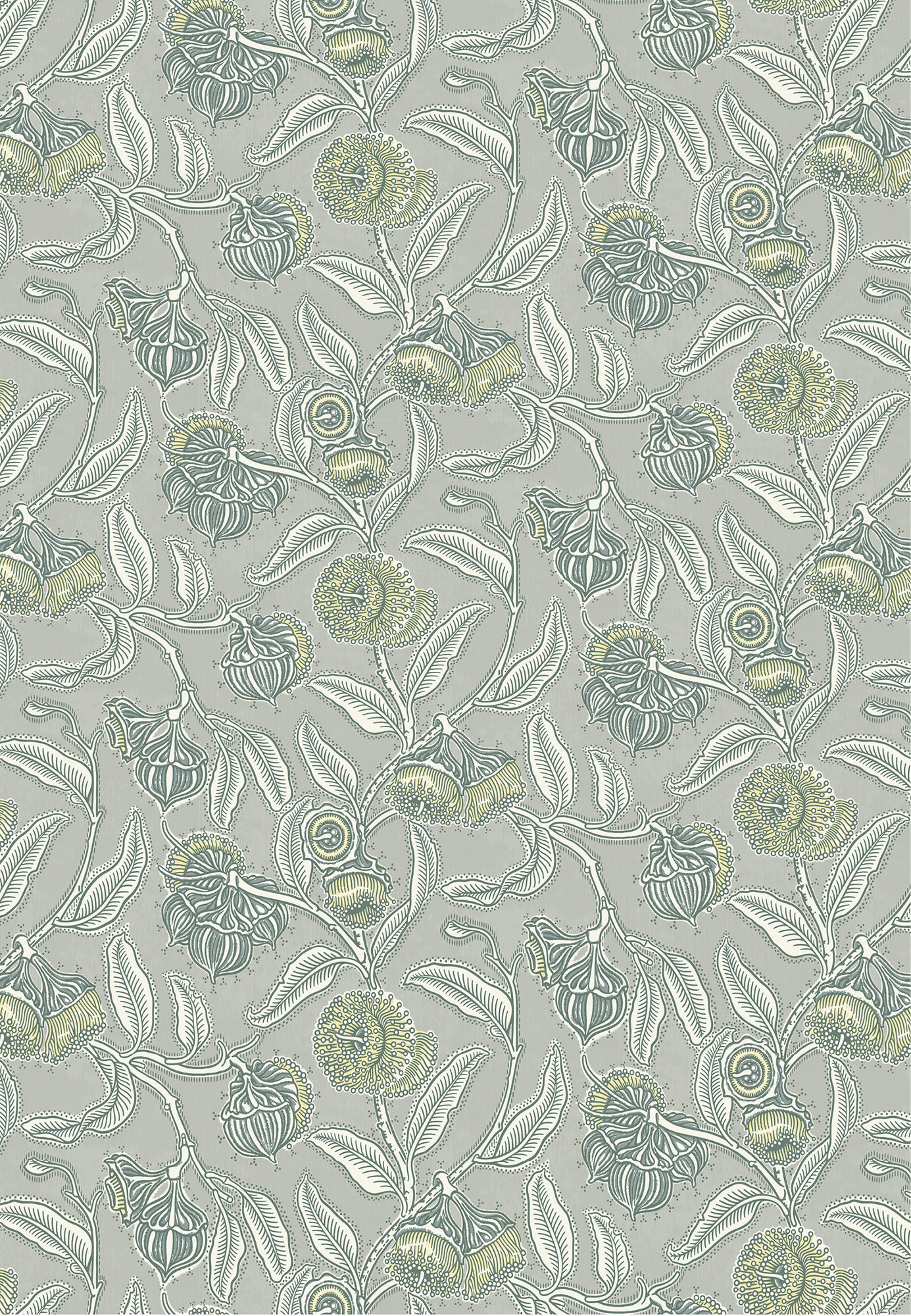 Wallpaper in a leave and bloom  design in yellow, green and cream against a taupe field. 