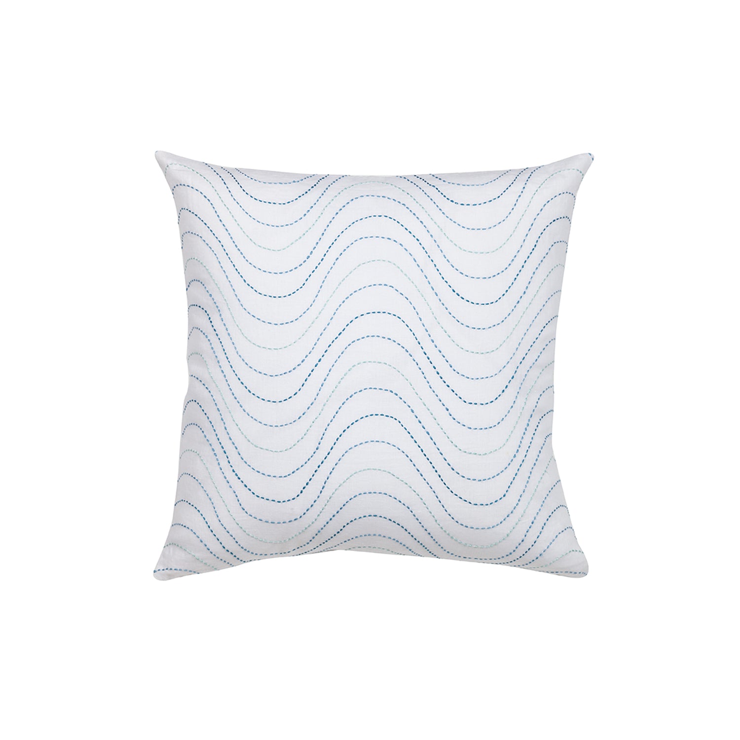Square throw pillow with an undulating embroidery pattern in shades of blue on a white field.