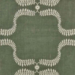 Detail of fabric in a leafy lattice print in cream on a hunter green field.