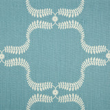 Detail of fabric in a leafy lattice print in cream on a blue field.