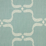 Detail of fabric in a leafy lattice print in cream on a light turquoise field.