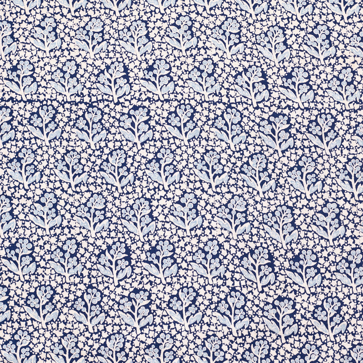 Navy blue fabric with a white floral pattern