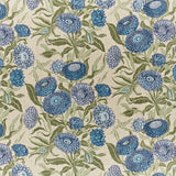 Printed linen in a hand drawn daisy design in shades of blue with green leaves on a pale cream field.