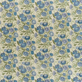 Printed linen in a hand drawn daisy design in shades of blue with green leaves on a pale cream field.