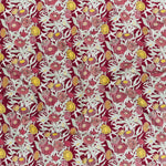 Printed linen in a hand drawn daisy design in shades of red, pink and yellow with sage leaves on a crimson field.