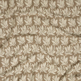 Draped fabric in a botanical grid print in cream on a tan field.