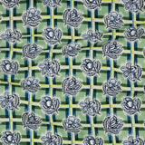 Draped fabric in a linear floral print in shades of cream and light blue on a green field.