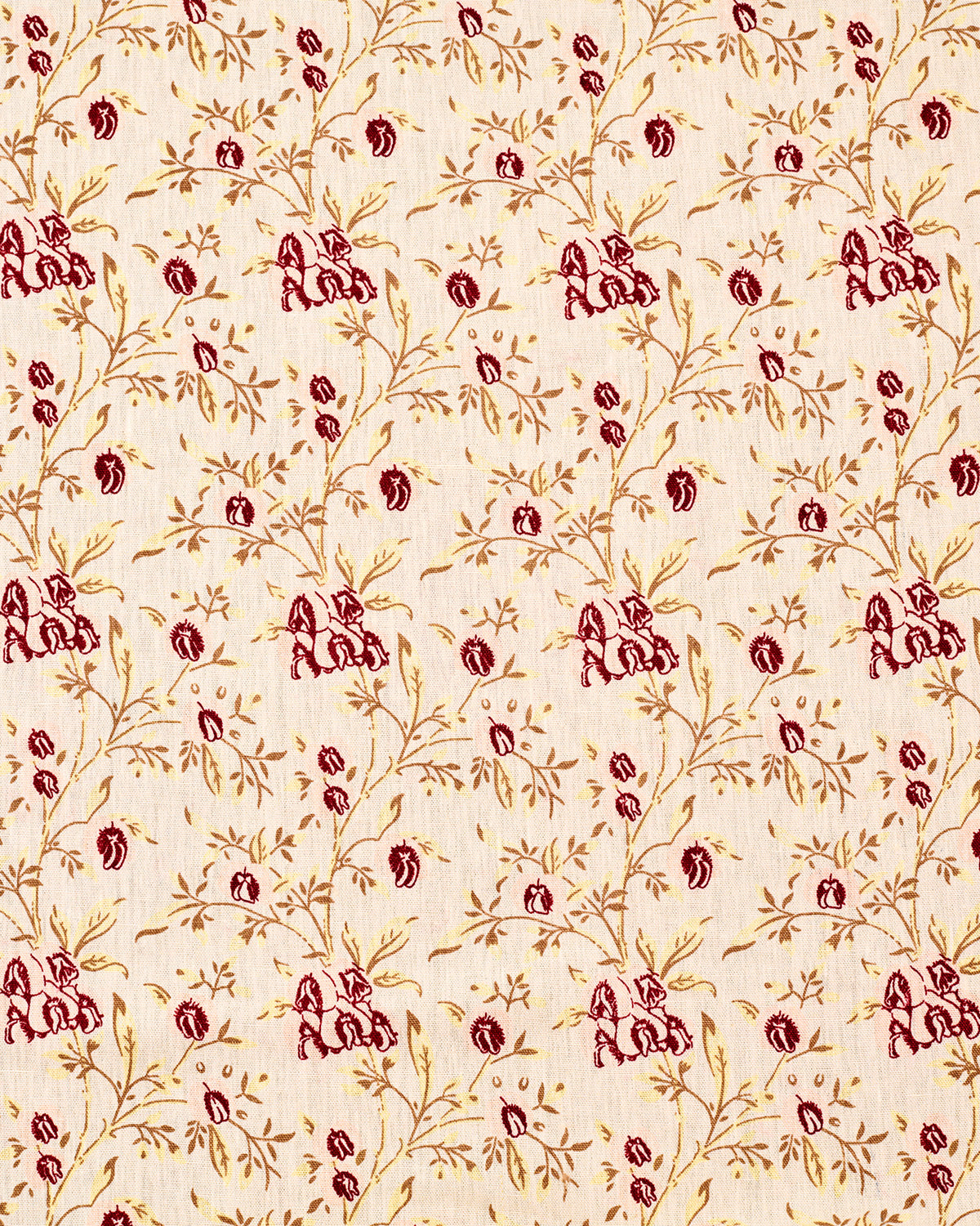 Floral pattern with red flowers and tan leaves on a beige background
