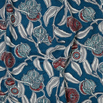 Draped fabric in a painterly floral print in blue, white and red on a navy field.
