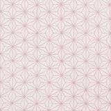 Fabric with an embroidered floral lattice print in light purple on a cream field.