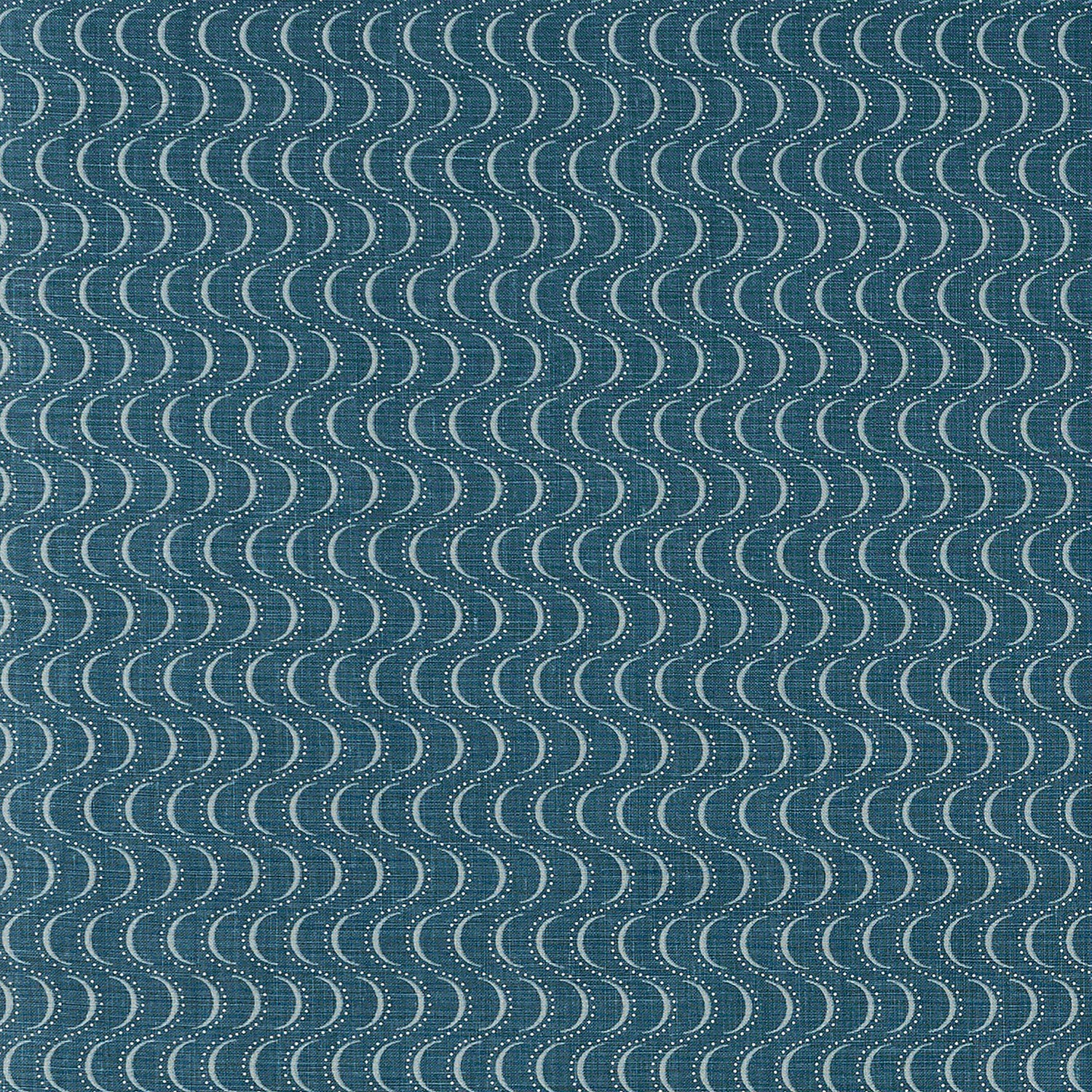 Fabric in an undulating stripe pattern in light blue and white on a navy field.