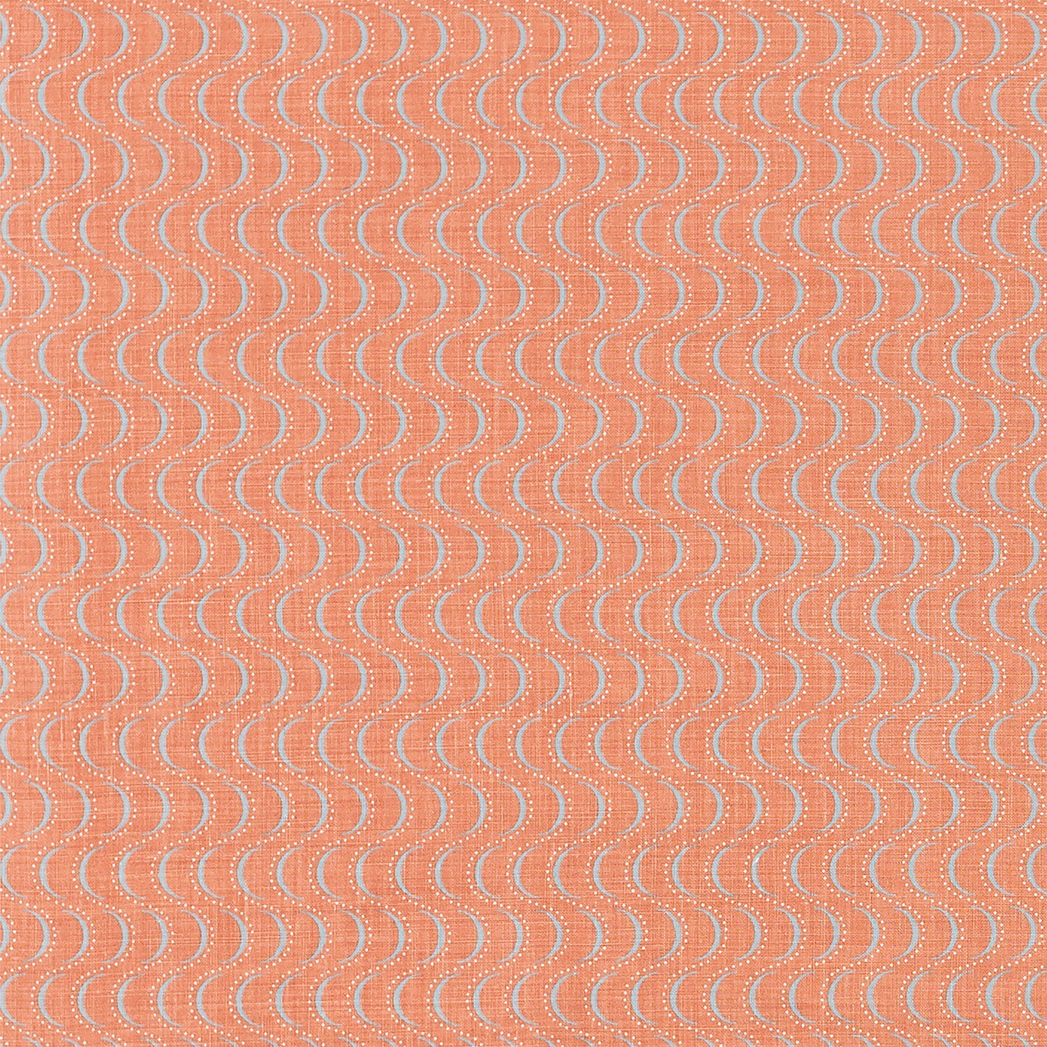 Fabric in an undulating stripe pattern in light blue and white on a coral field.