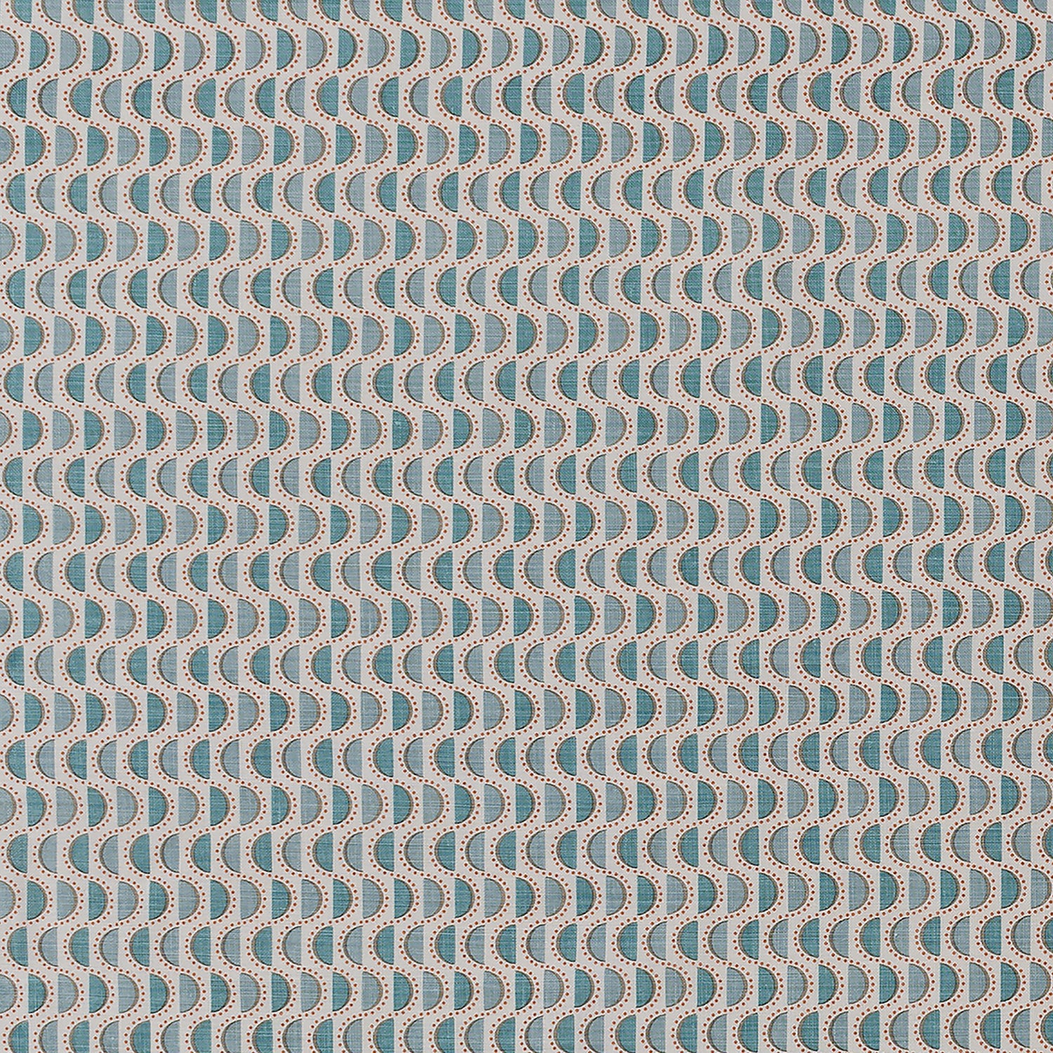 Fabric in a linear geometric print in shades of blue and red on a light gray field.