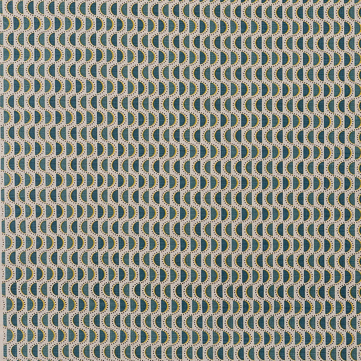 Fabric in a linear geometric print in shades of green, navy and yellow on a tan field.