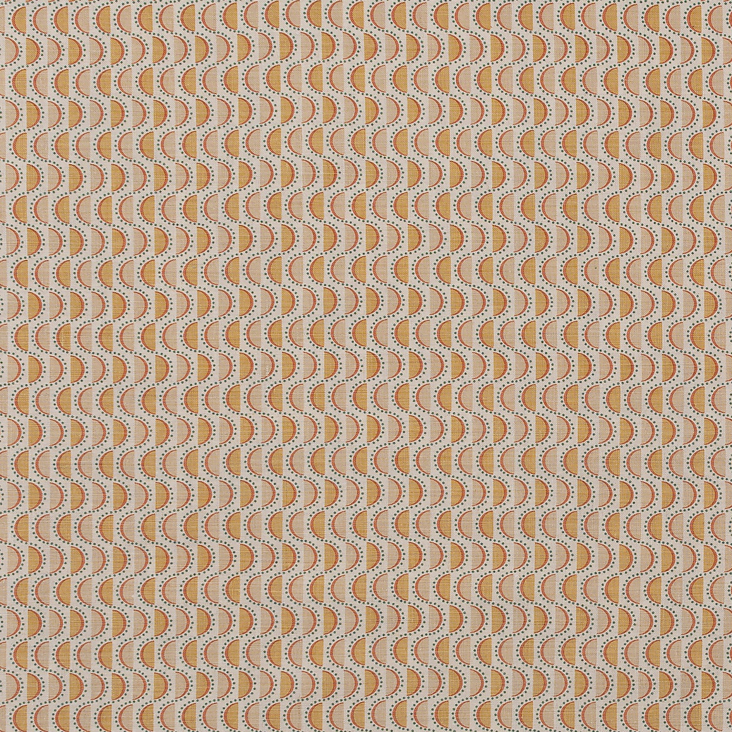 Fabric in a linear geometric print in shades of pink, orange and turquoise on a cream field.