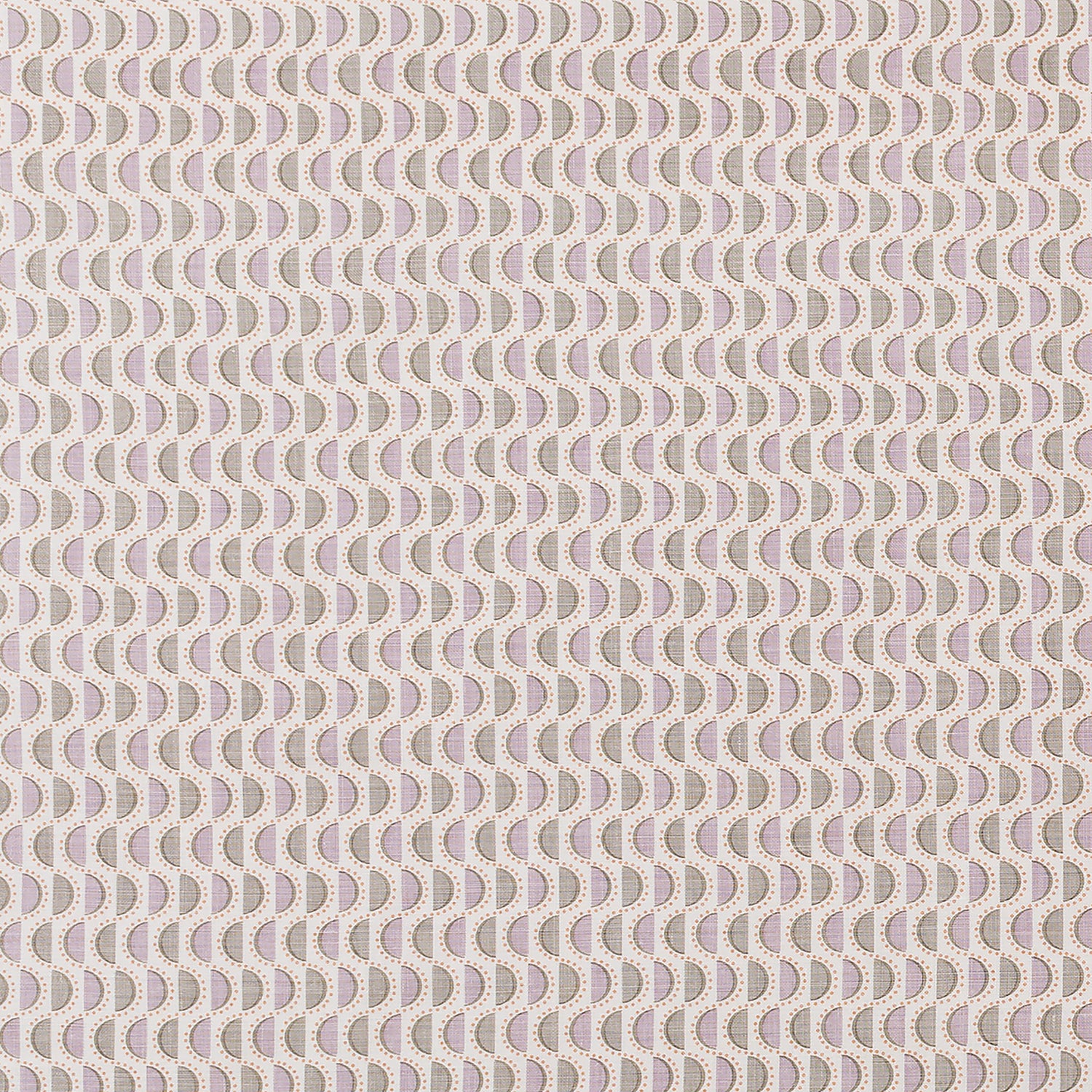 Fabric in a linear geometric print in shades of purple, pink and green on a cream field.