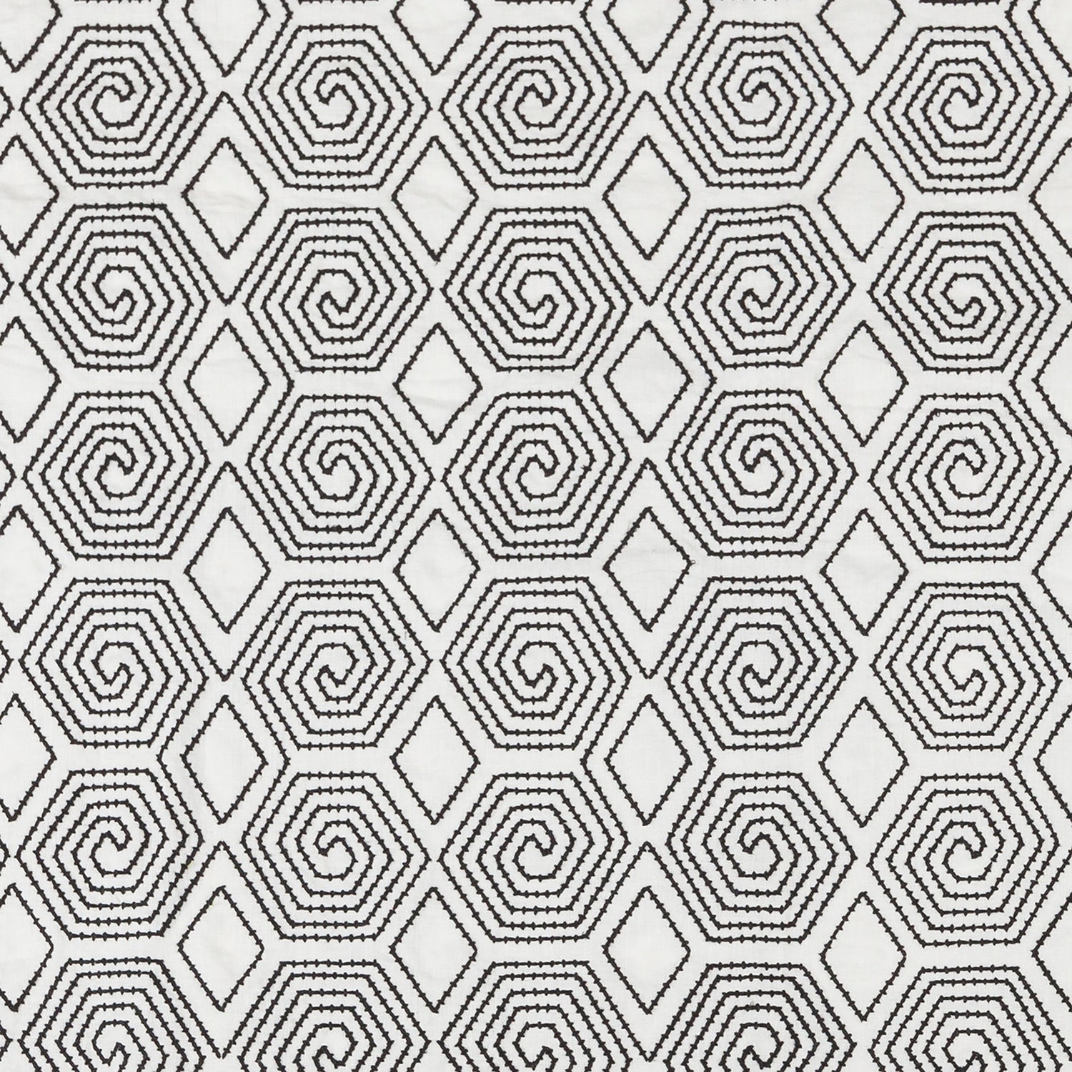 Fabric with a playful embroidered geometric grid print in black on a white field.