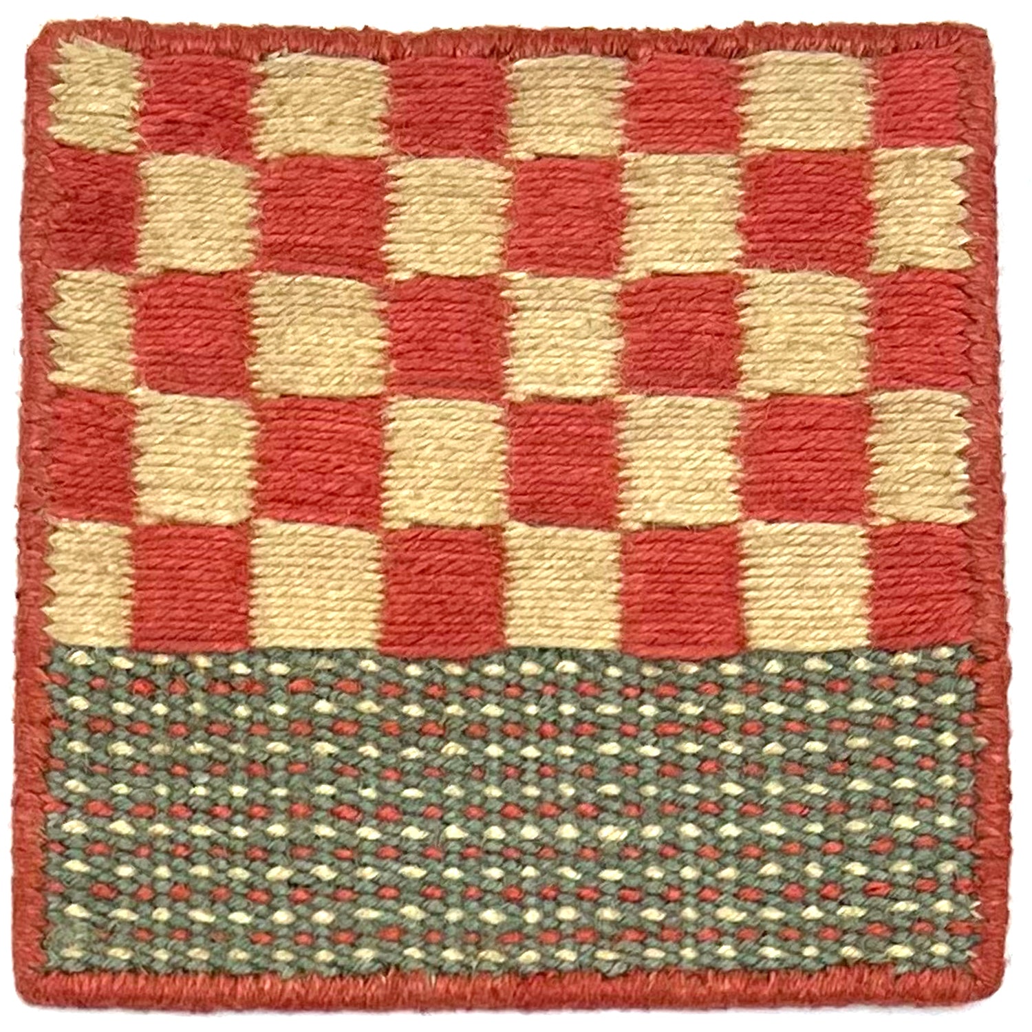 Flatweave rug sample in a  red and cream checkerboard with striped border.