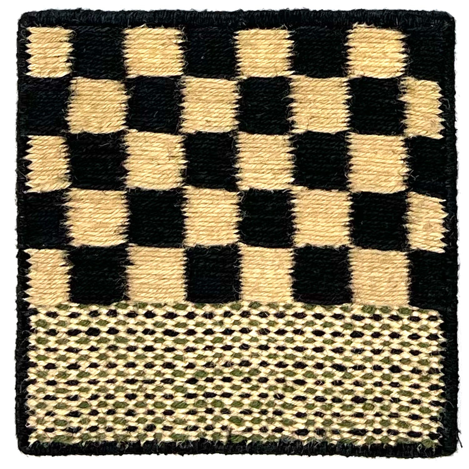 Flatweave rug sample in a black and cream checkerboard with striped border.