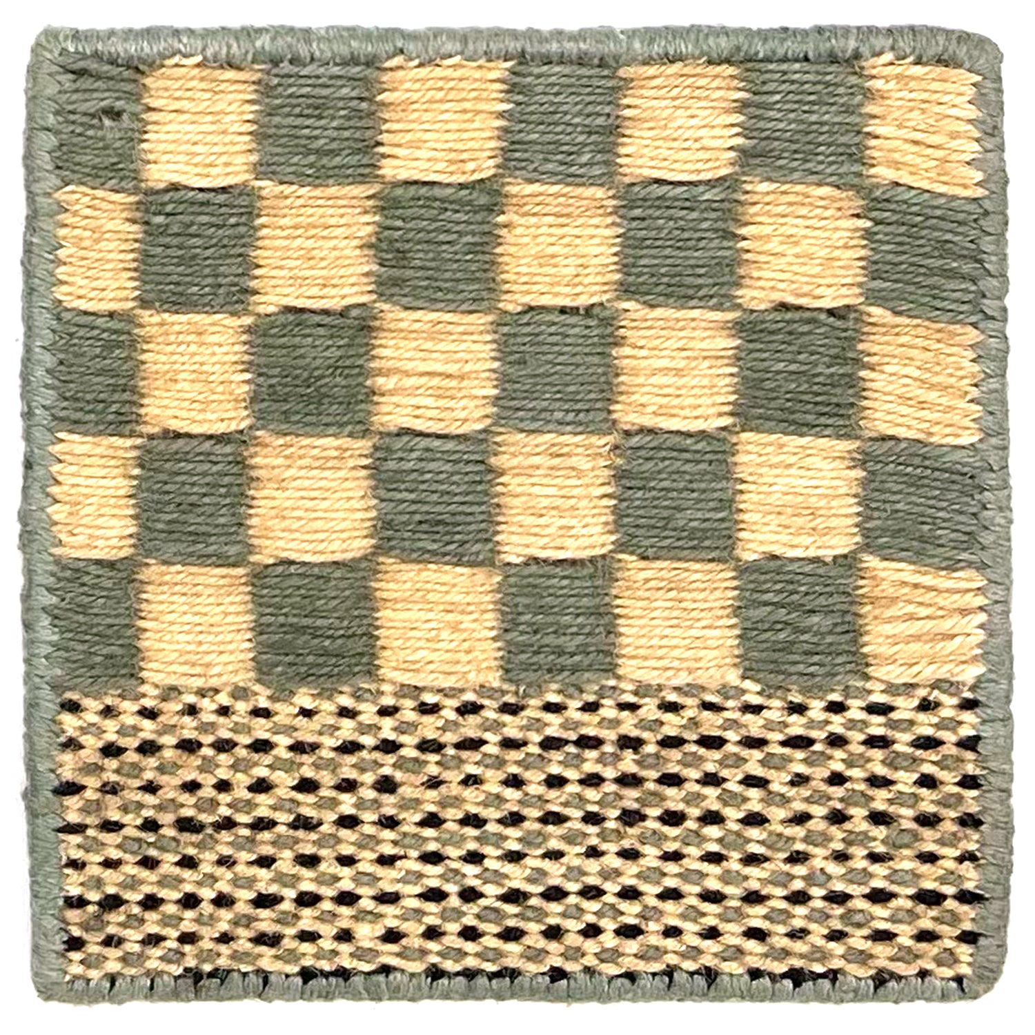Flatweave rug sample in a blue and cream checkerboard with striped border.