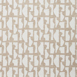Fabric swatch with a geometric sculptural vessel motif in white on a textured woven linen in oatmeal.