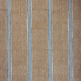 Detail of fabric in an irregular stripe print in navy and orange on a cream field.