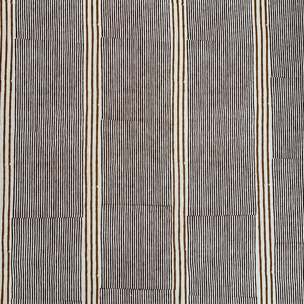Printed linen in a pinstripe in brown with wider red accents on natural linen.