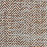Close up of a rug in a woven herringbone pattern in blue and brown. 