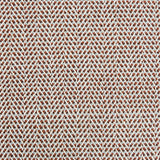 A handwoven rug with a herringbone weave in white with striated yarns of brown, rust orange and pale blue. 