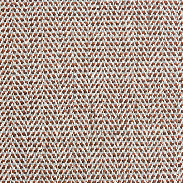A handwoven rug with a herringbone weave in white with striated yarns of brown, rust orange and pale blue. 