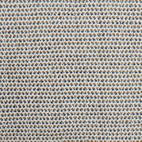 A handwoven rug with a herringbone weave in white with striated yarns of tan and marine blue. 