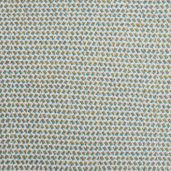 A handwoven rug with a herringbone weave in white with striated yarns of green and turquoise.