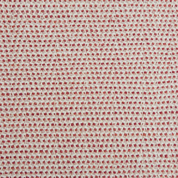A handwoven rug with a herringbone weave in white with striated yarns of pink and red.