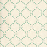 Detail of wallpaper in a curvilinear lattice print in turquoise on a cream field.