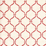 Detail of wallpaper in a curvilinear lattice print in red on a cream field.