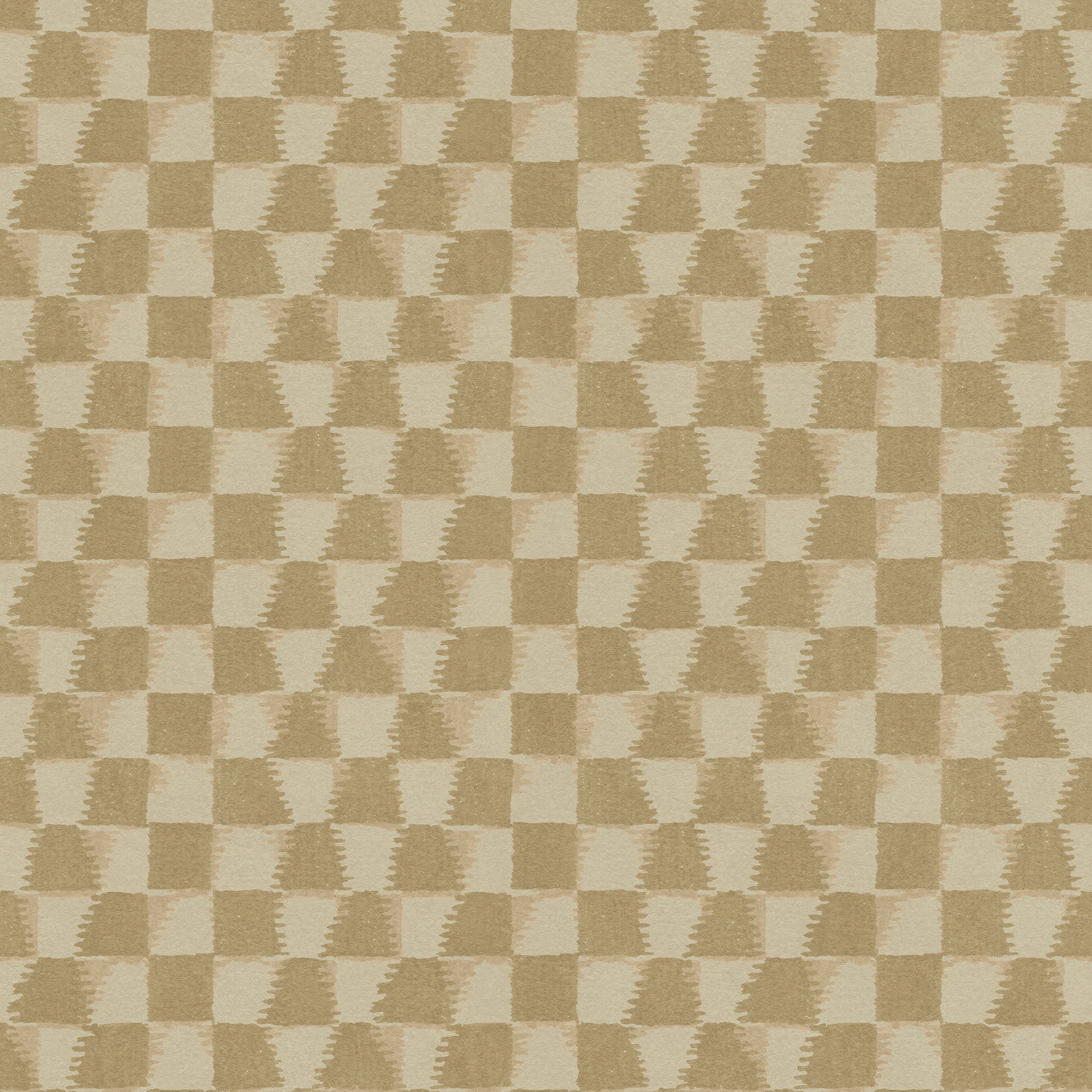 Detail of printed wallpaper in a watercolor ikat-inspired checkerboard pattern in tonal shades of warm tan.