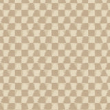 Detail of printed wallpaper in a watercolor ikat-inspired checkerboard pattern in tonal shades of warm beige.