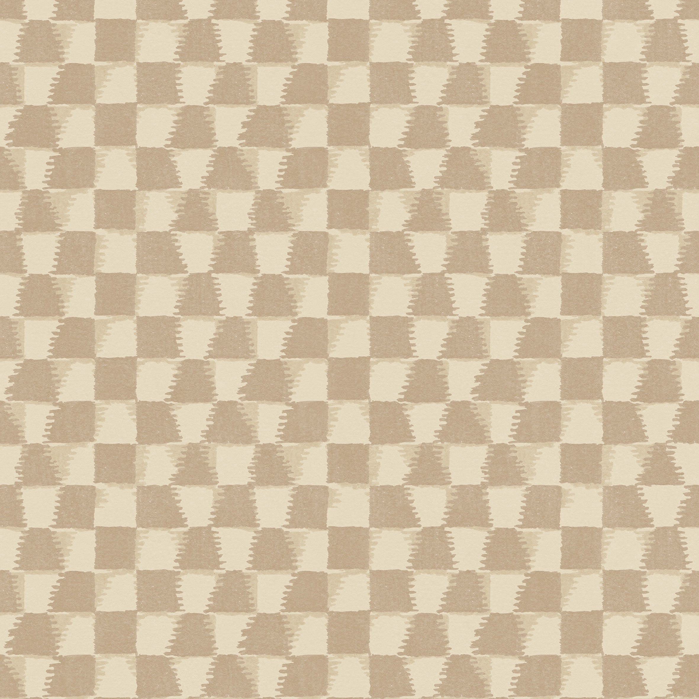Detail of printed wallpaper in a watercolor ikat-inspired checkerboard pattern in tonal shades of warm beige.
