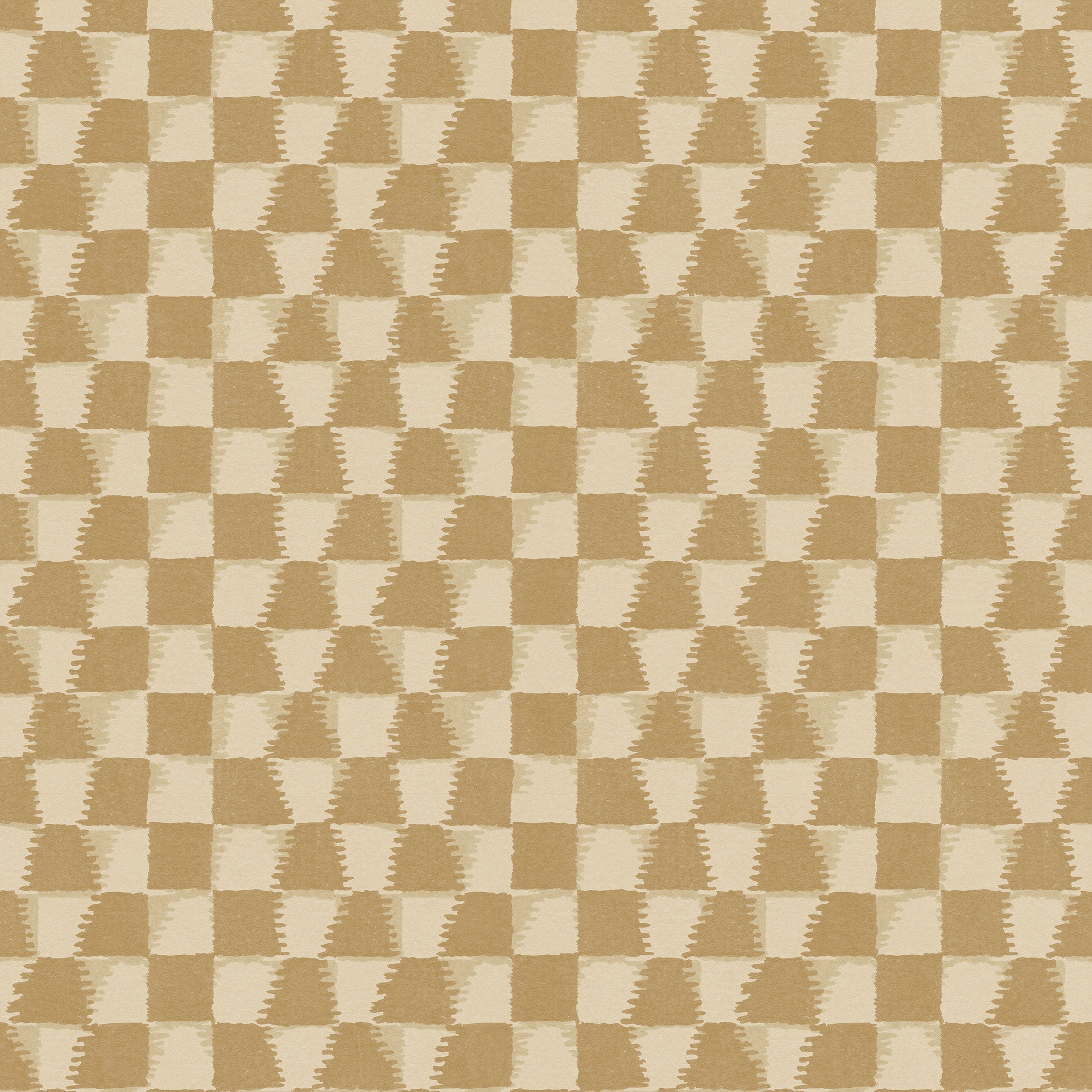 Detail of printed wallpaper in a watercolor ikat-inspired checkerboard pattern in tonal shades of muted ochre.