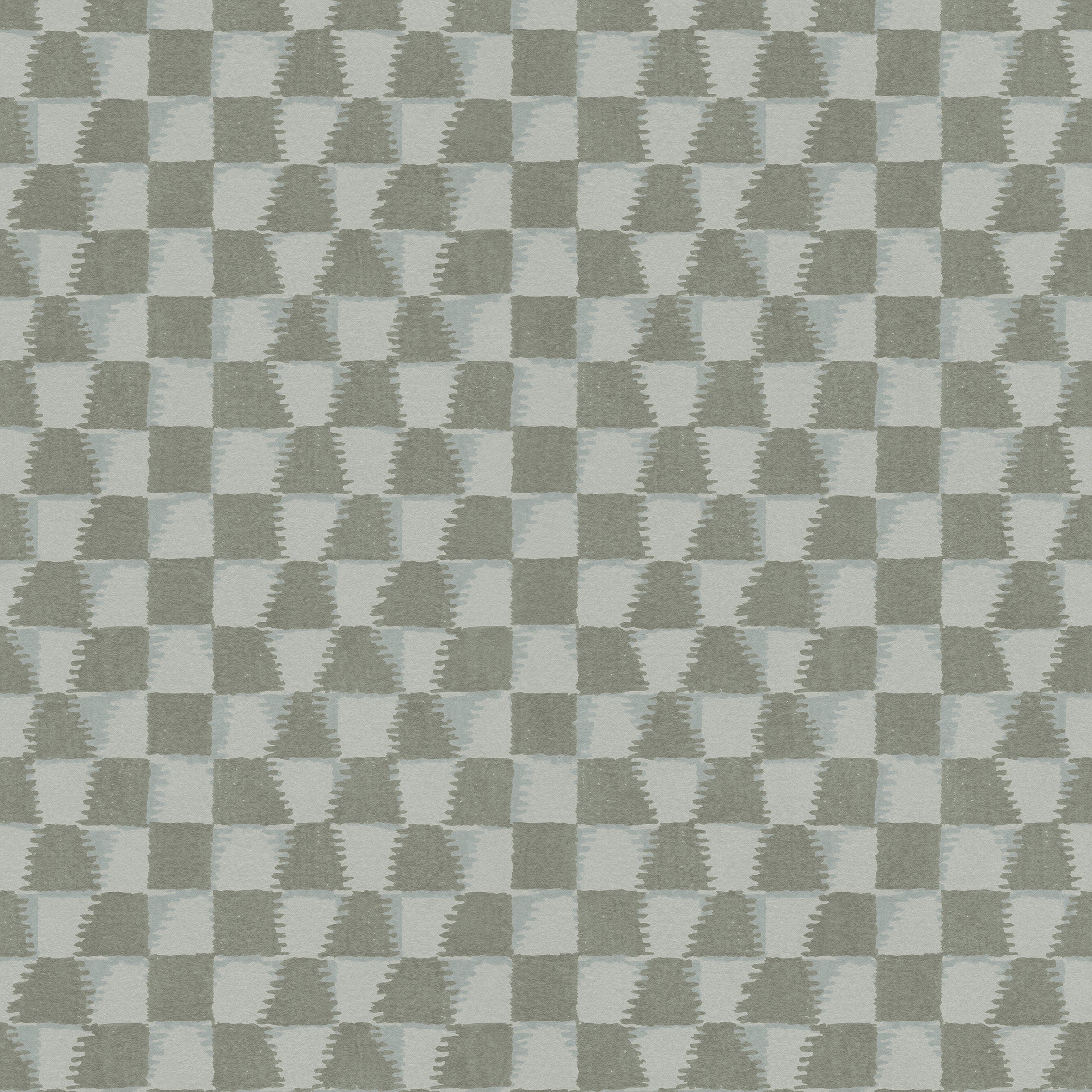 Detail of printed wallpaper in a watercolor ikat-inspired checkerboard pattern in tonal shades of grey. 