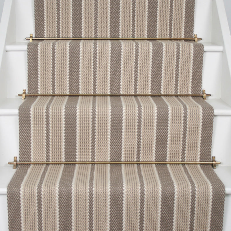 Striped flatweave runner in cream and brown on white staircase
