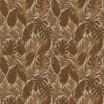 Printed wallpaper with painterly tropical leaves in shades of brown adorned with small green lizards. 