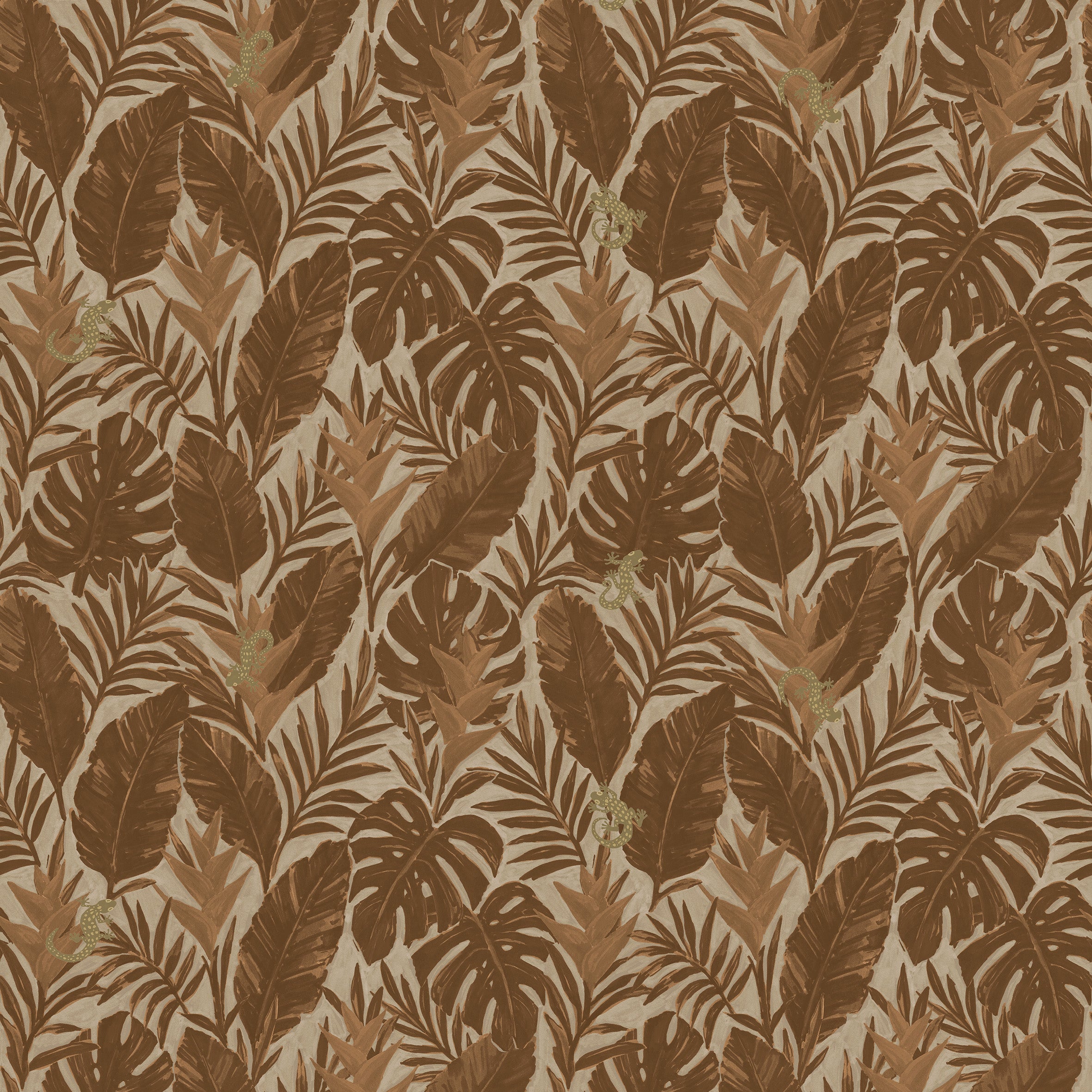 Printed wallpaper with painterly tropical leaves in shades of brown adorned with small green lizards. 